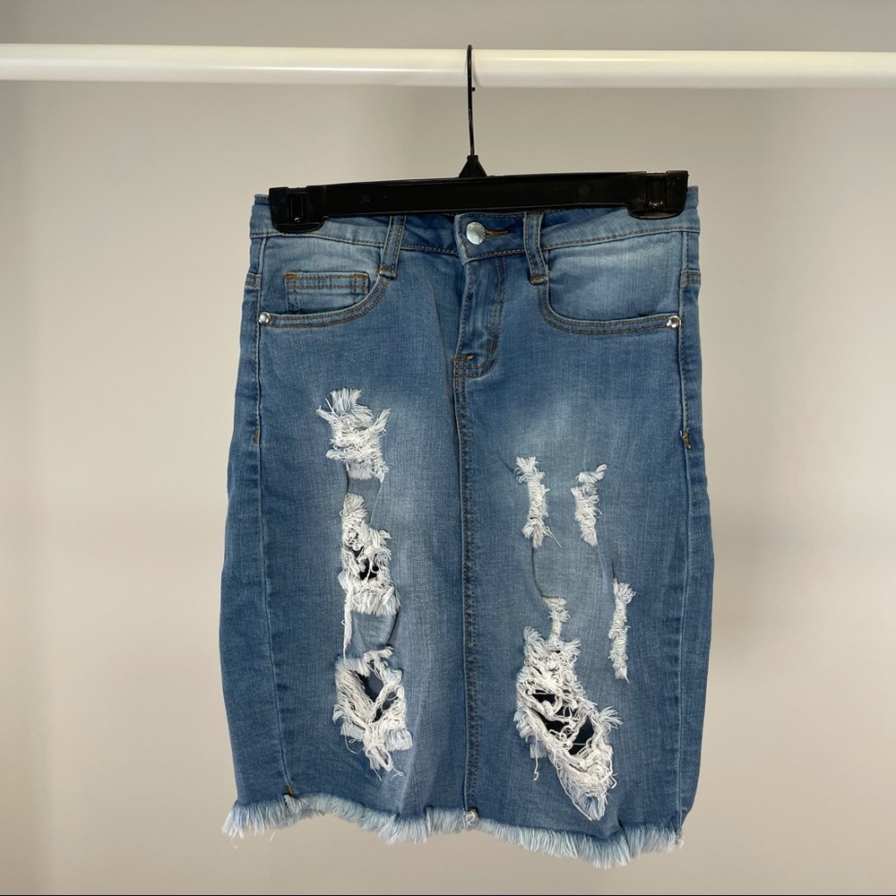 Fashion Nova Distressed Denim Medium Wash Skirt